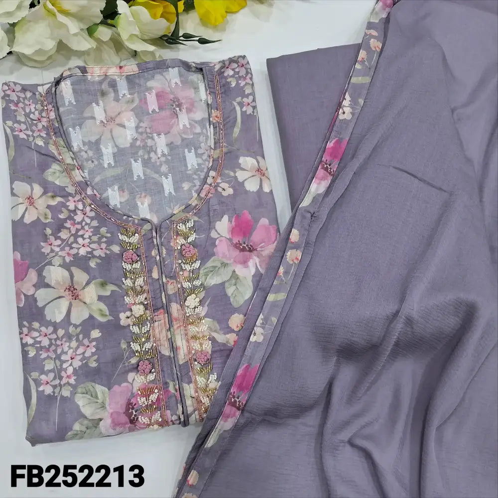 CODE FB252213: Greyish purple floral printed malai jakard cotton unstitched salwar material bead& zardozi work