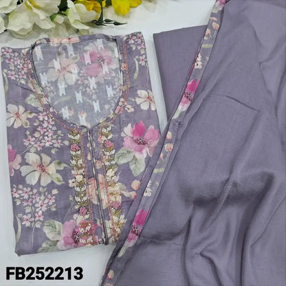 CODE FB252213: Greyish purple floral printed malai jakard cotton unstitched salwar material bead& zardozi work