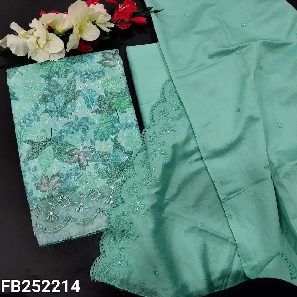 CODE FB252214: Pastel blue printed schiffli embroidered glazed cotton unstitched salwar material(thin fabric lining