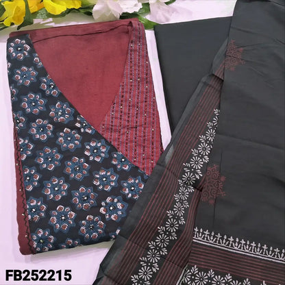 CODE FB252215: Maroon premium cotton unstitched salwar material block printed yoke with thread& sequins work(lining