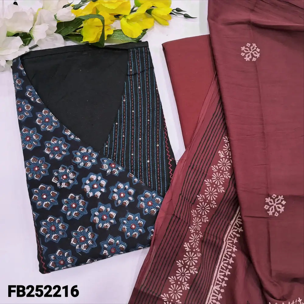 CODE FB252216: Black premium cotton unstitched salwar material block printed yoke with thread& sequins work(lining