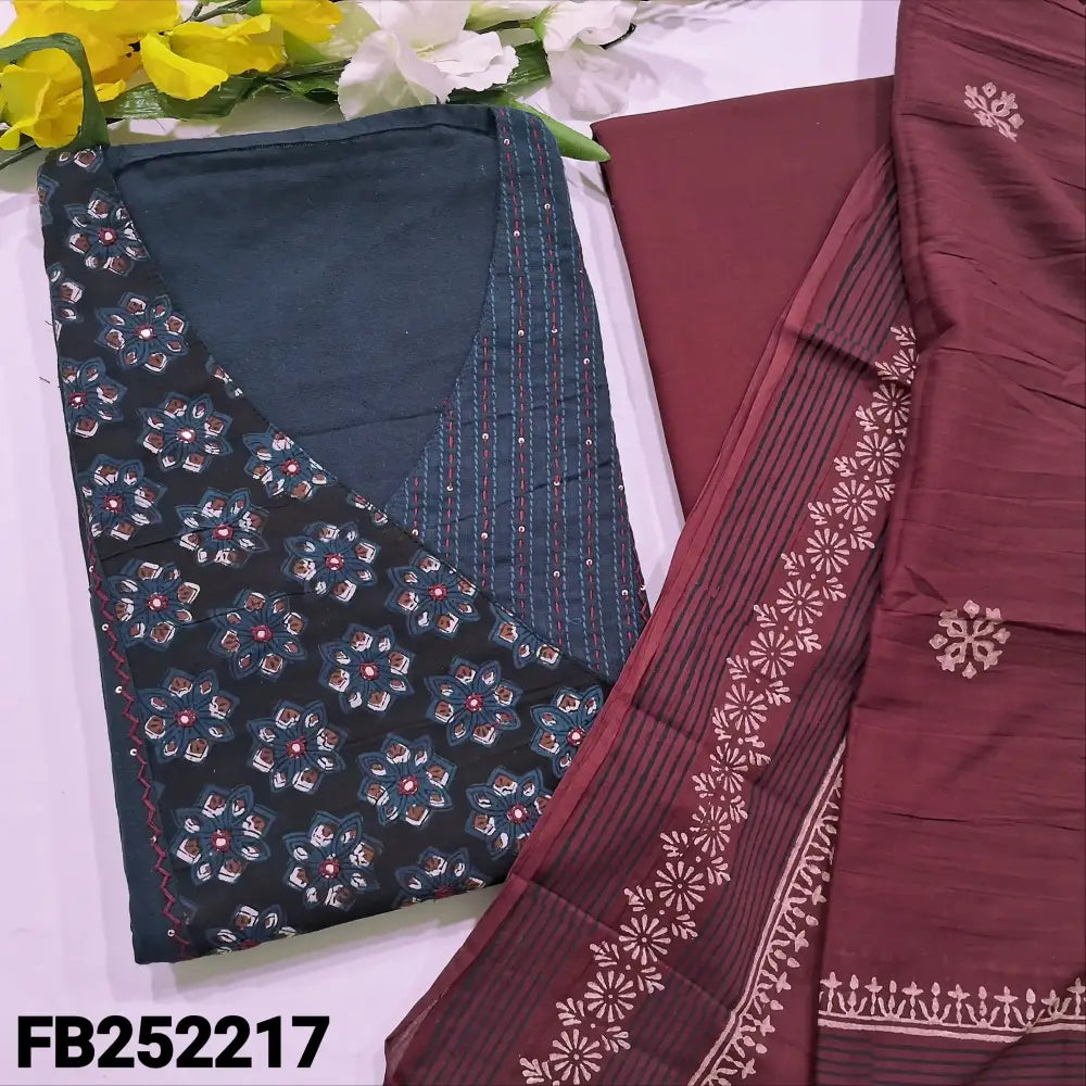 CODE FB252217: Blue premium cotton unstitched salwar material block printed yoke with thread& sequins work(lining