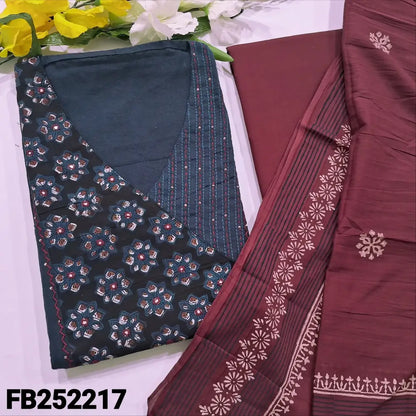 CODE FB252217: Blue premium cotton unstitched salwar material block printed yoke with thread& sequins work(lining