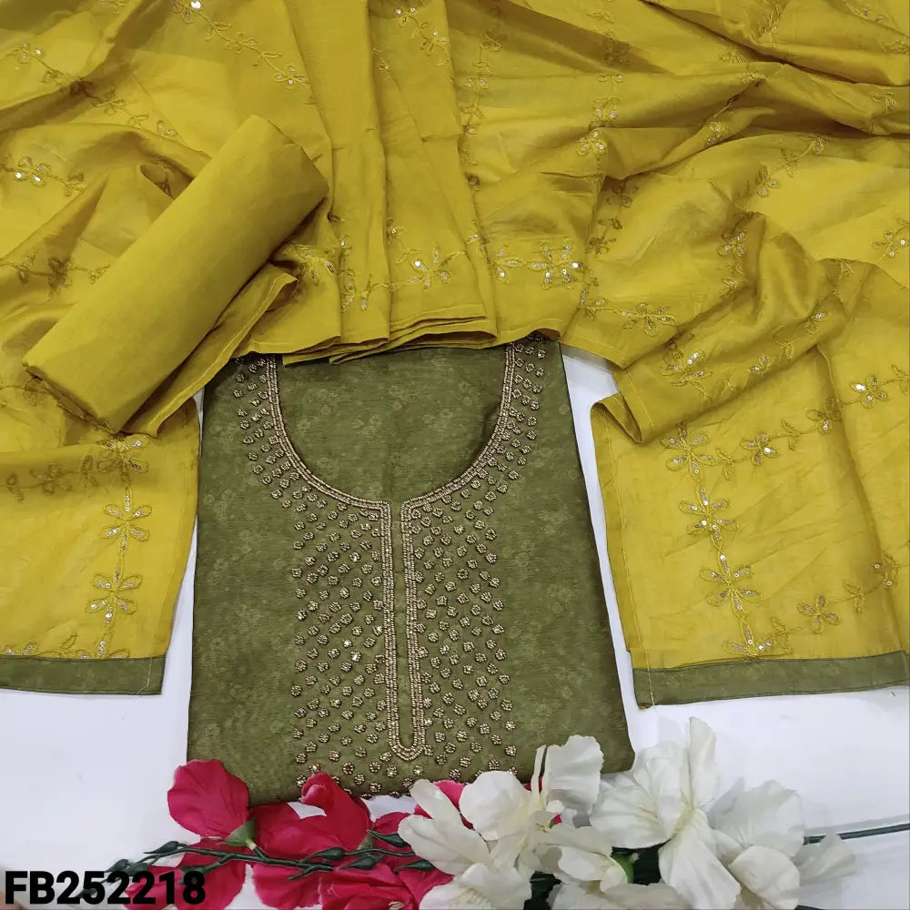 CODE FB252218: Mossy green digital printed silk cotton unstitched salwar material bead& stone work on yoke(thin fabric