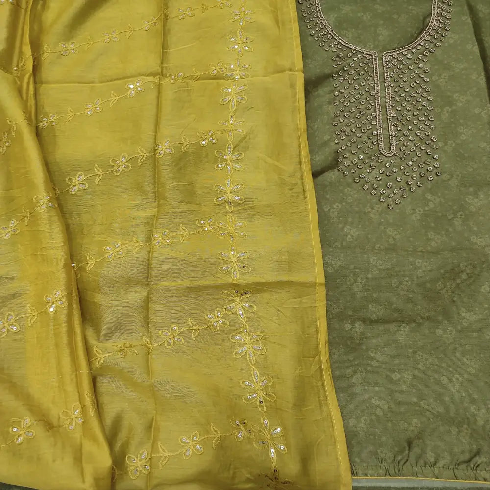 CODE FB252218: Mossy green digital printed silk cotton unstitched salwar material bead& stone work on yoke(thin fabric