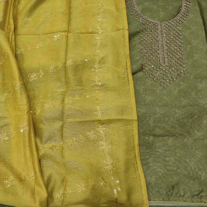 CODE FB252218: Mossy green digital printed silk cotton unstitched salwar material bead& stone work on yoke(thin fabric