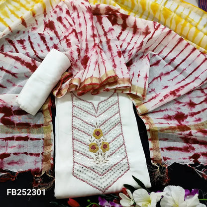 CODE FB252301: Half white silk cotton unstitched salwar material bead& faux mirror work on yoke(thin fabric lining