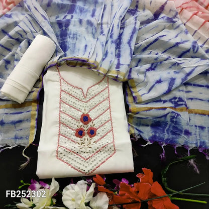 CODE FB252302: Half white silk cotton unstitched salwar material bead& faux mirror work on yoke(thin fabric lining
