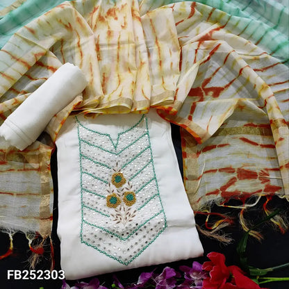 CODE FB252303: Half white silk cotton unstitched salwar material bead& faux mirror work on yoke(thin fabric lining