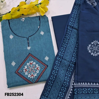 CODE FB252304: Denim blue south handloom cotton unstitched salwar material applique work on yoke(lining needed)dark