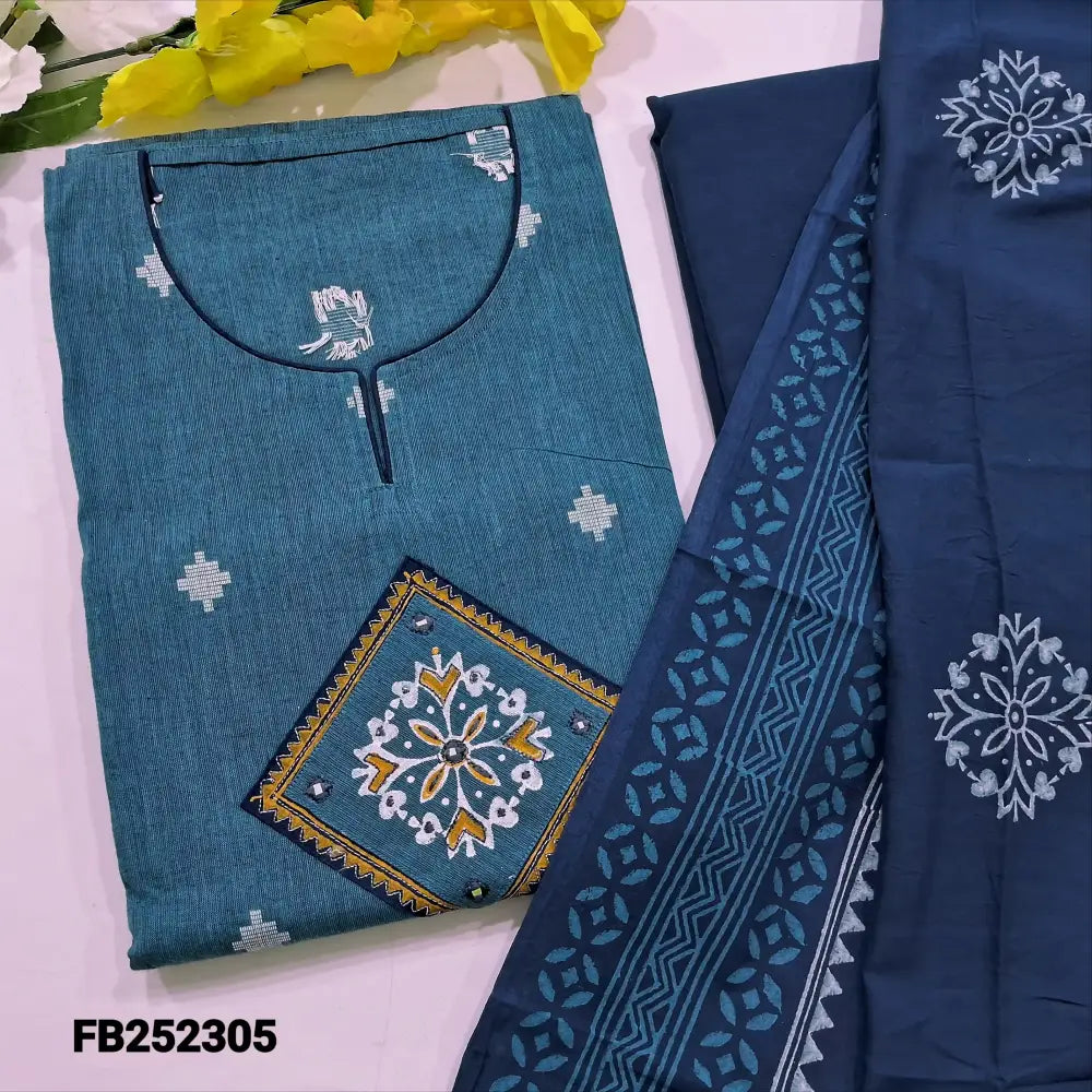 CODE FB252305: Denim blue south handloom cotton unstitched salwar material applique work on yoke(lining needed)dark