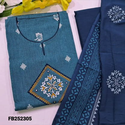 CODE FB252305: Denim blue south handloom cotton unstitched salwar material applique work on yoke(lining needed)dark