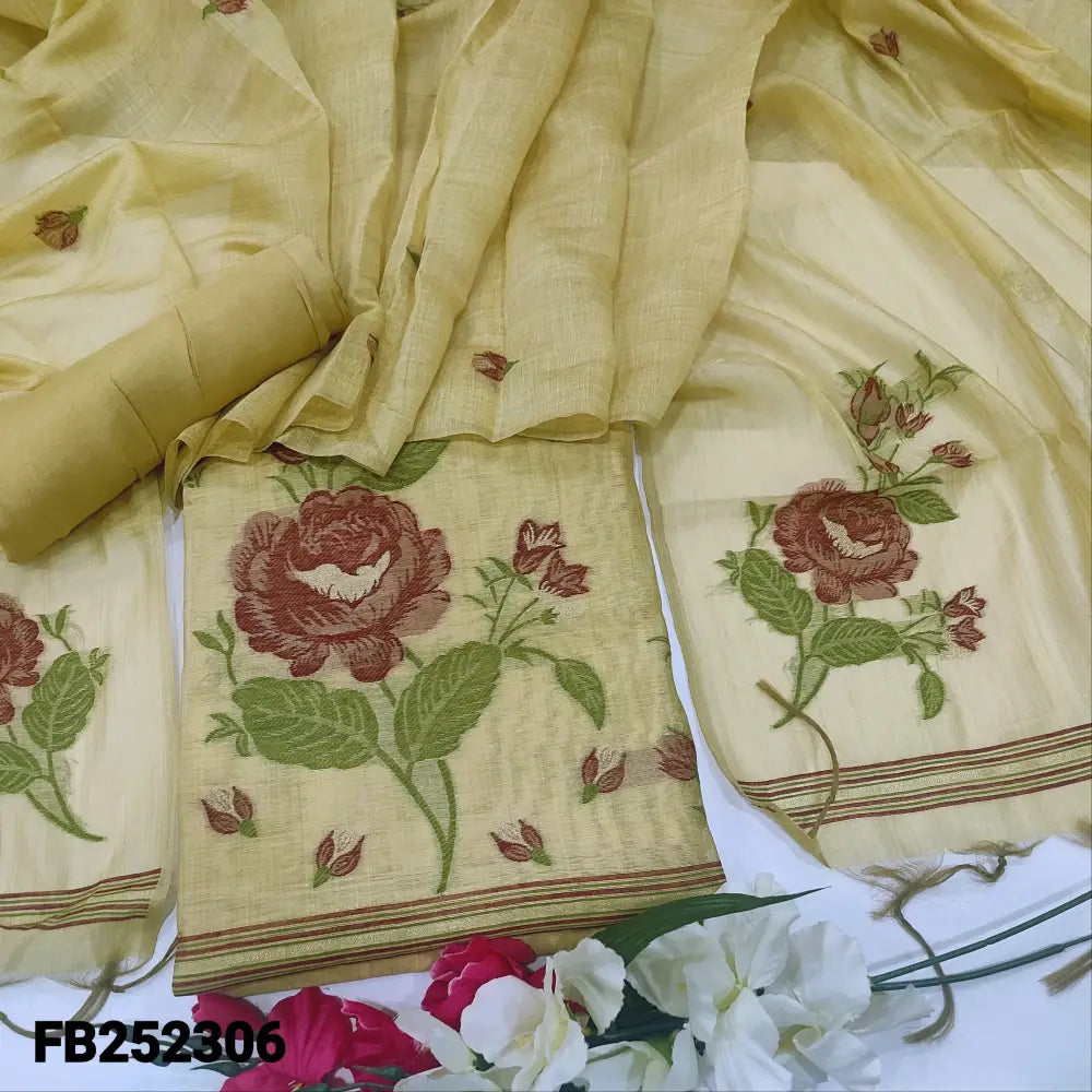 CODE FB252306: Pastel yellow jamdani woven premium silk cotton unstitched salwar material(thin fabric lining