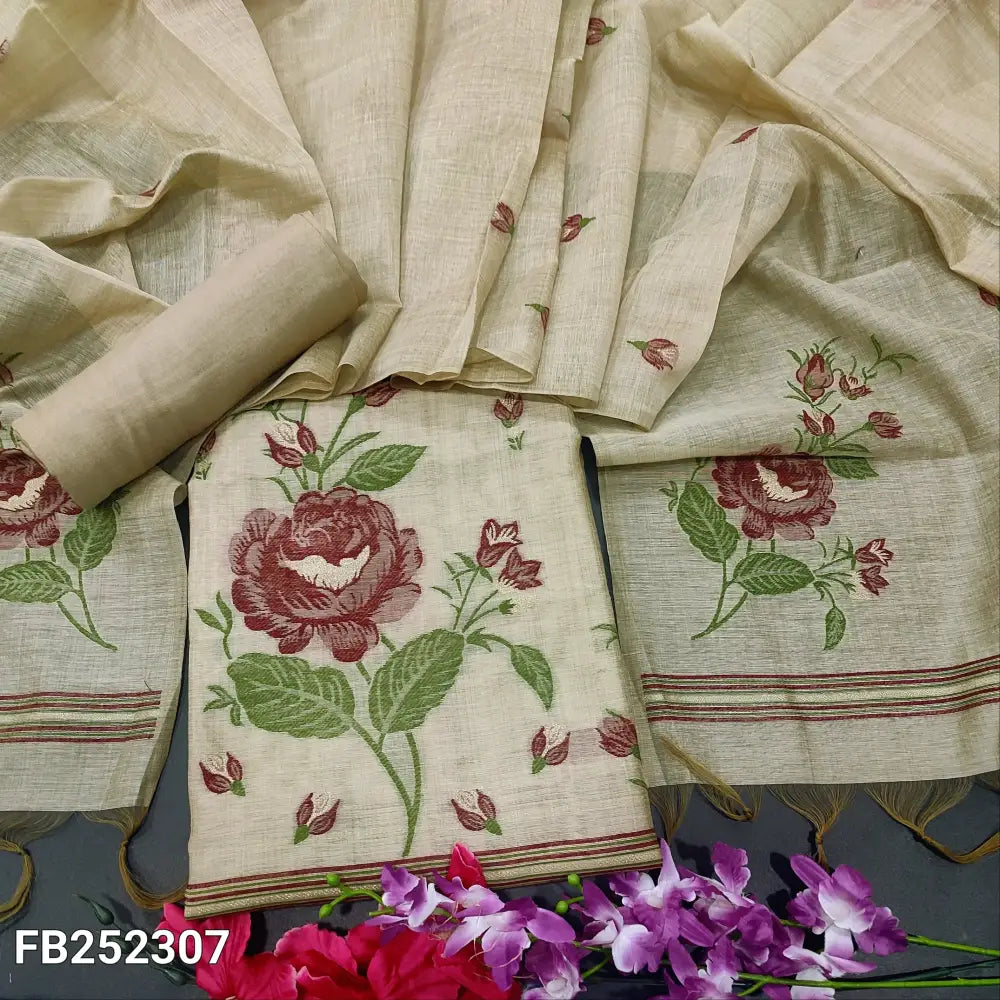 CODE FB252307: Light beige jamdani woven premium silk cotton unstitched salwar material(thin fabric lining