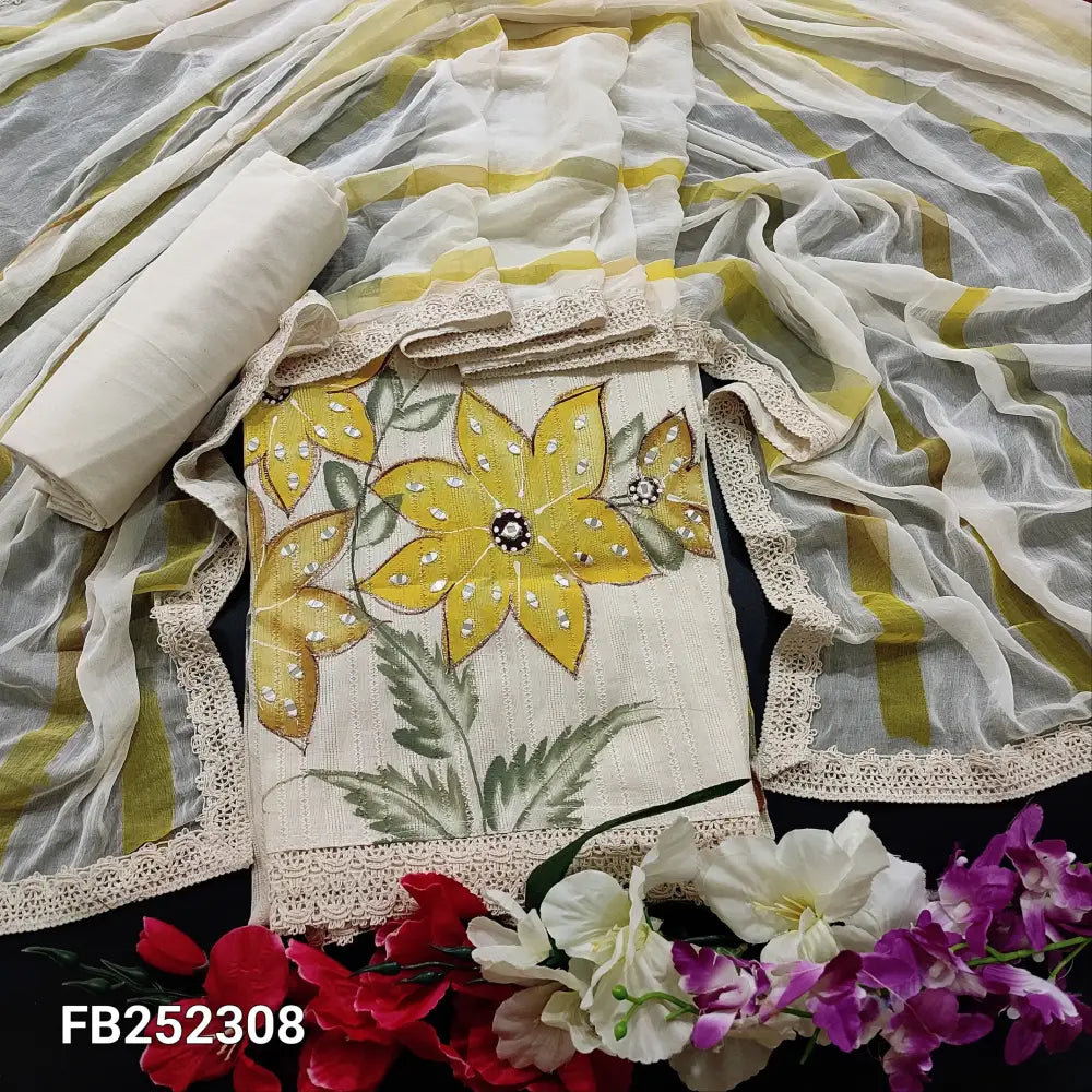 CODE FB252308: Half white premium jakard cotton unstitched salwar material v neck with lace work yellow floral printed