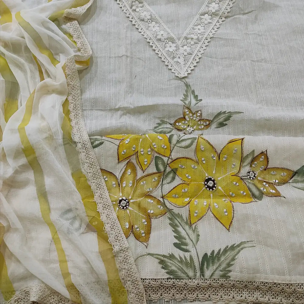 CODE FB252308: Half white premium jakard cotton unstitched salwar material v neck with lace work yellow floral printed