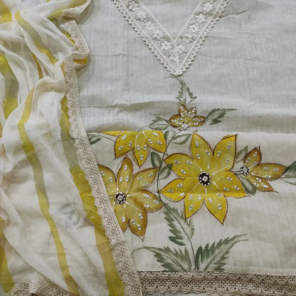 CODE FB252308: Half white premium jakard cotton unstitched salwar material v neck with lace work yellow floral printed