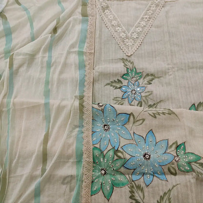 CODE FB252309: Half white premium jakard cotton unstitched salwar material v neck with lace work blue floral printed