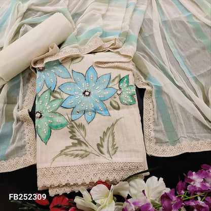 CODE FB252309: Half white premium jakard cotton unstitched salwar material v neck with lace work blue floral printed