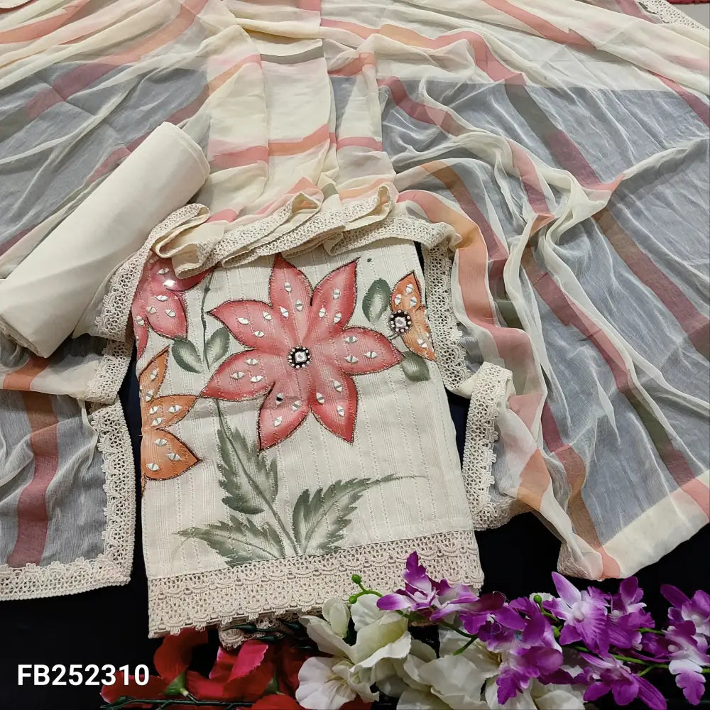 CODE FB252310: Half white premium jakard cotton unstitched salwar material v neck with lace work peach floral printed