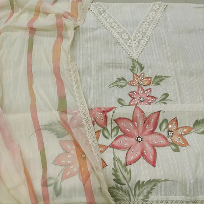 CODE FB252310: Half white premium jakard cotton unstitched salwar material v neck with lace work peach floral printed