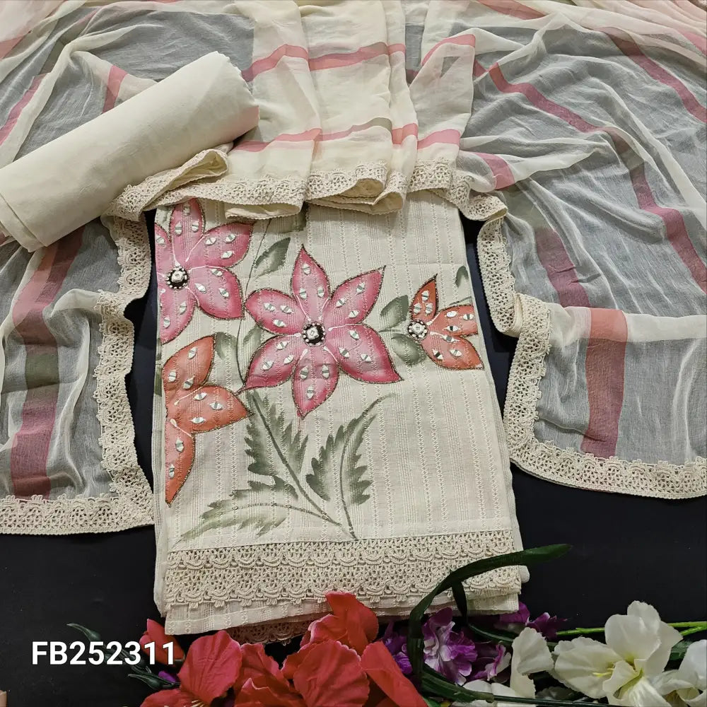 CODE FB252311: Half white premium jakard cotton unstitched salwar material v neck with lace work Pink floral printed