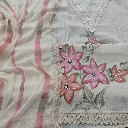 CODE FB252311: Half white premium jakard cotton unstitched salwar material v neck with lace work Pink floral printed