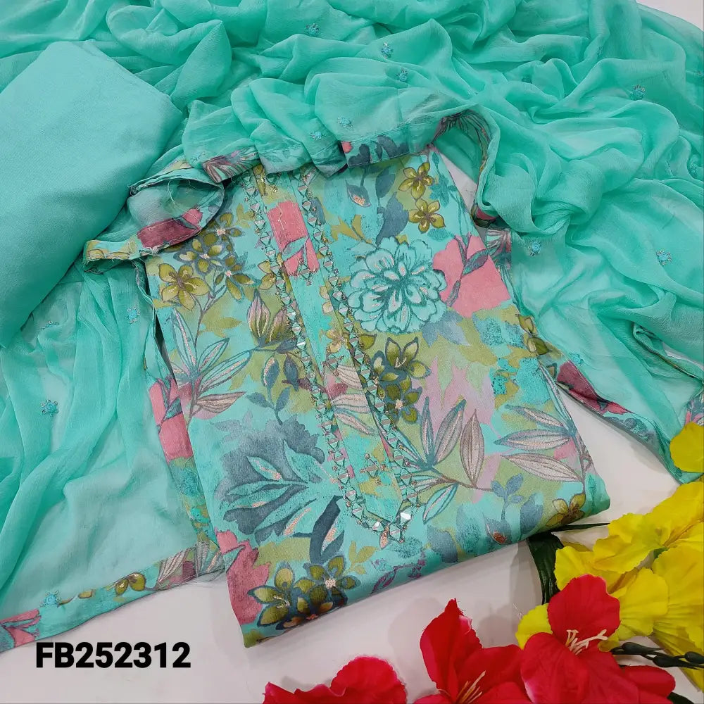 CODE FB252312: Blue floral printed satin cotton unstitched salwar material real mirror work on yoke kota lace