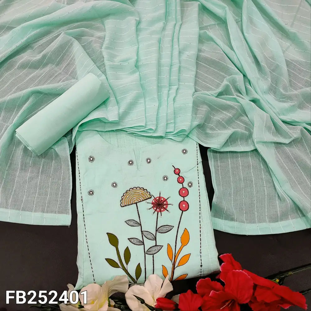 CODE FB252401: Sky blue premium slub cotton unstitched salwar material brush paint& embroidered on yoke thread woven