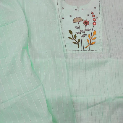 CODE FB252401: Sky blue premium slub cotton unstitched salwar material brush paint& embroidered on yoke thread woven