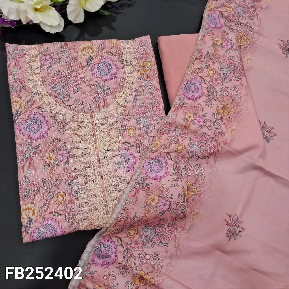 CODE FB252402: Pastel pink floral printed kantha cotton unstitched salwar material embroidered &sequins work