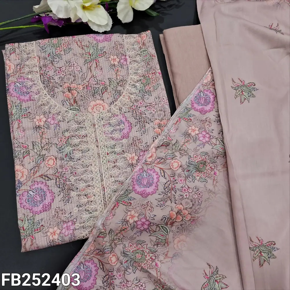 CODE FB252403: Light mauve floral printed kantha cotton unstitched salwar material embroidered &sequins work