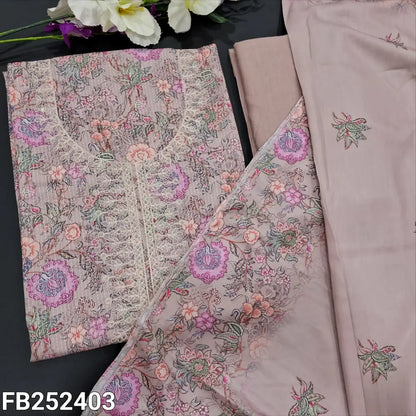 CODE FB252403: Light mauve floral printed kantha cotton unstitched salwar material embroidered &sequins work