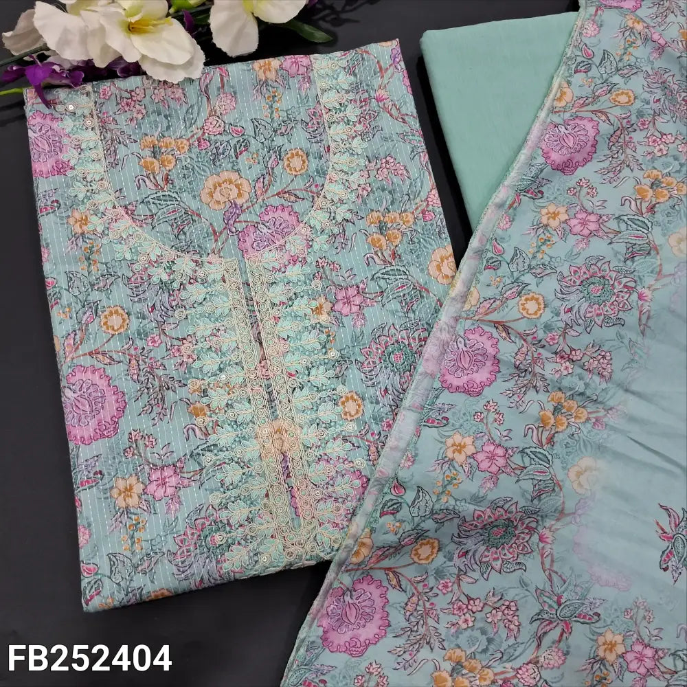 CODE FB252404: pastel blue floral printed kantha cotton unstitched salwar material embroidered &sequins work
