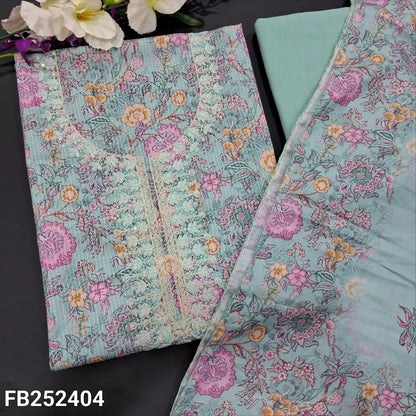 CODE FB252404: pastel blue floral printed kantha cotton unstitched salwar material embroidered &sequins work