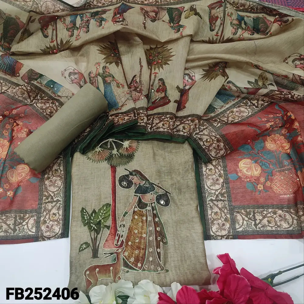 CODE FB252406: Greyish beige digital printed silk cotton unstitched salwar material thread& zari work on front(thin