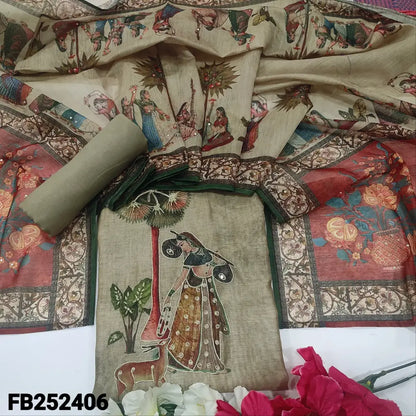 CODE FB252406: Greyish beige digital printed silk cotton unstitched salwar material thread& zari work on front(thin