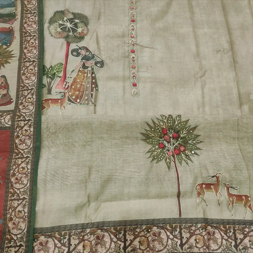 CODE FB252406: Greyish beige digital printed silk cotton unstitched salwar material thread& zari work on front(thin