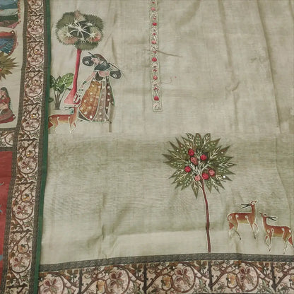 CODE FB252406: Greyish beige digital printed silk cotton unstitched salwar material thread& zari work on front(thin