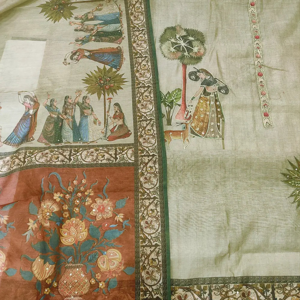 CODE FB252406: Greyish beige digital printed silk cotton unstitched salwar material thread& zari work on front(thin