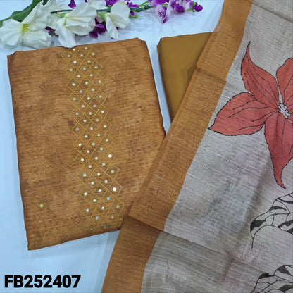 CODE FB252407: Dark mehandhi yellow sobar floral printed semi jute silk unstitched salwar material thread & faux mirror