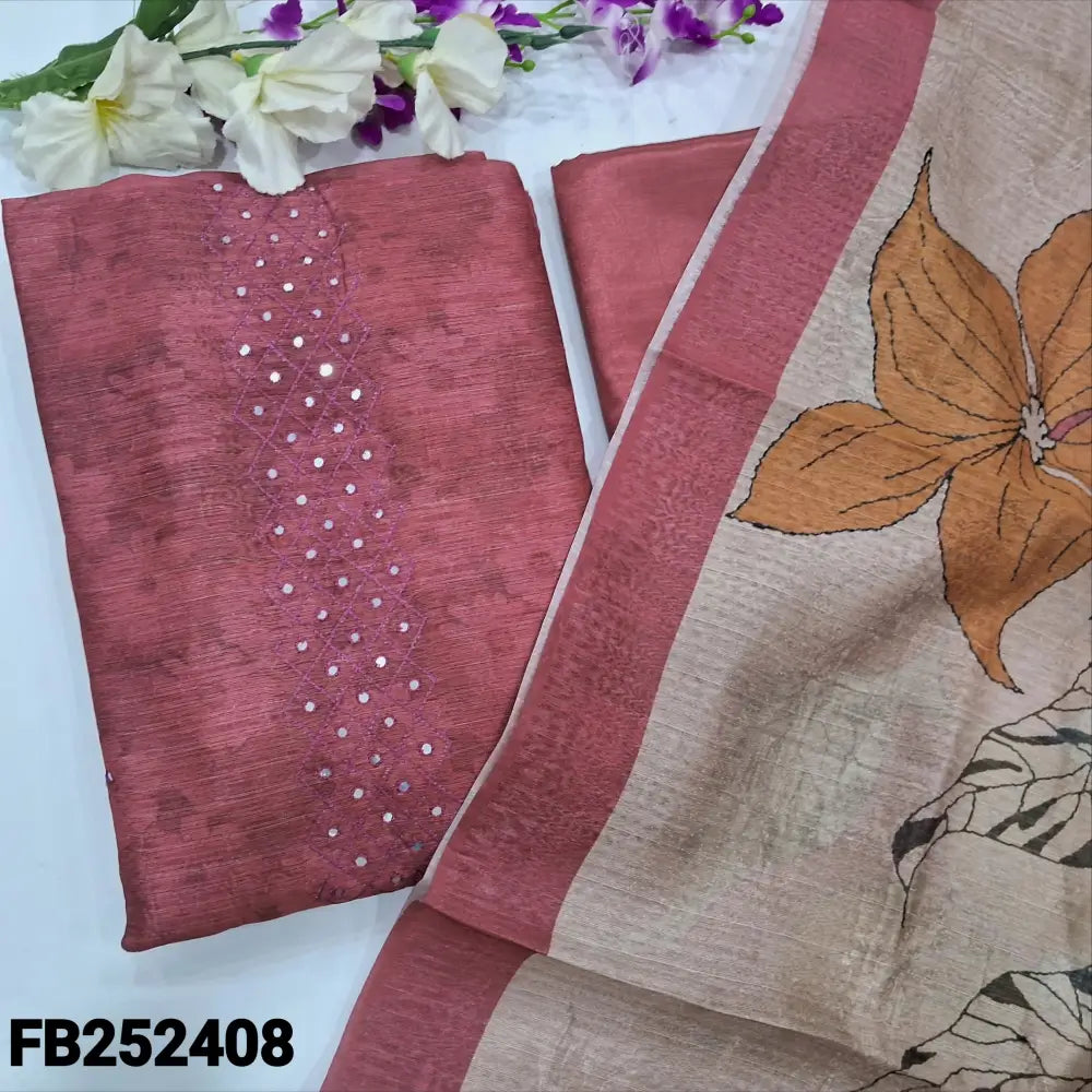 CODE FB252408: Dark pink sobar floral printed semi jute silk unstitched salwar material thread & faux mirror
