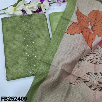 CODE FB252409: Light green sobar floral printed semi jute silk unstitched salwar material thread & faux mirror