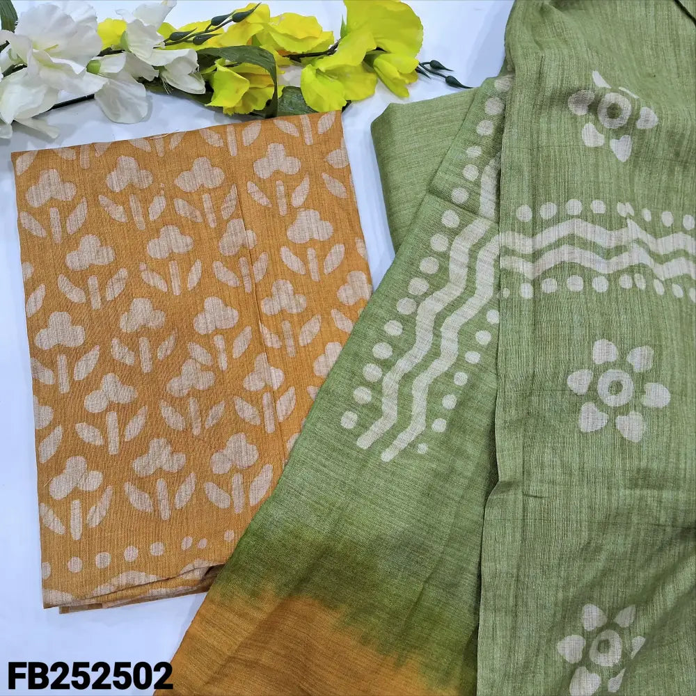 CODE FB252502: Mehandhi yellow batik dyed bagalpuri jute silk cotton unstitched salwar material(lining needed)pastel