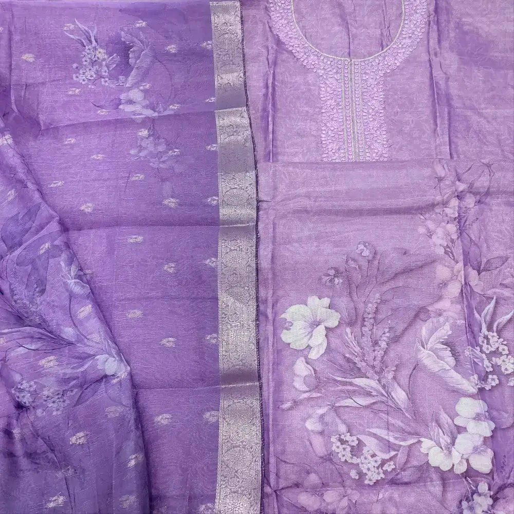 Purple with golden tint digital printed tissue silk cotton unstitched salwar material embroidered