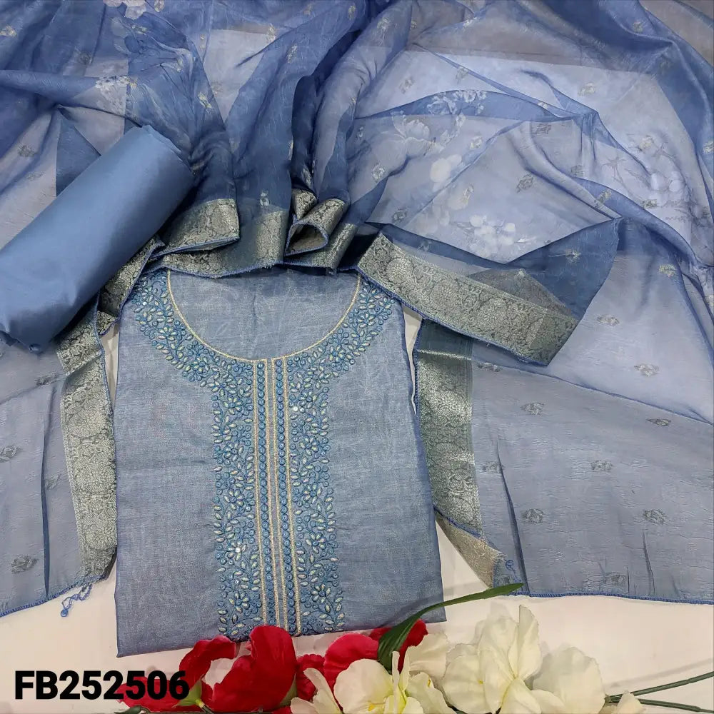 CODE FB252506: Greyish blue with golden tint digital printed tissue silk cotton unstitched salwar material embroidered