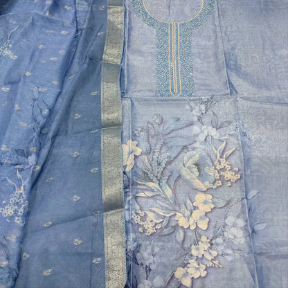 CODE FB252506: Greyish blue with golden tint digital printed tissue silk cotton unstitched salwar material embroidered