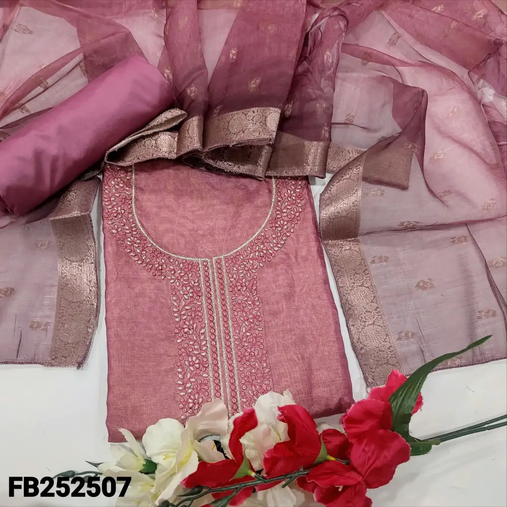 CODE FB252507: Pink with golden tint digital printed tissue silk cotton unstitched salwar material embroidered