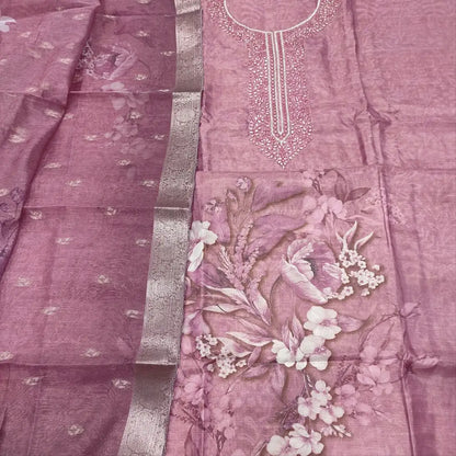 CODE FB252507: Pink with golden tint digital printed tissue silk cotton unstitched salwar material embroidered