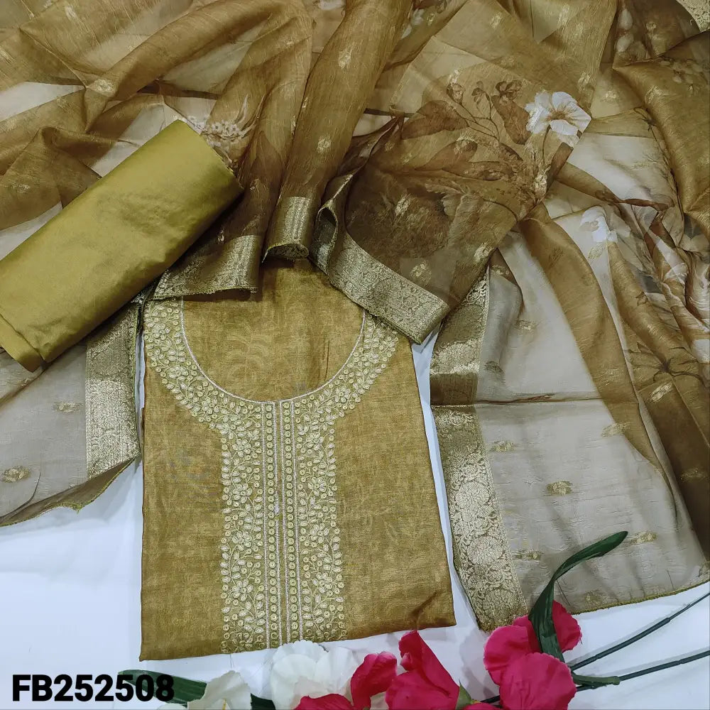 CODE FB252508: Mehandhi yellow with golden tint digital printed tissue silk cotton unstitched salwar material